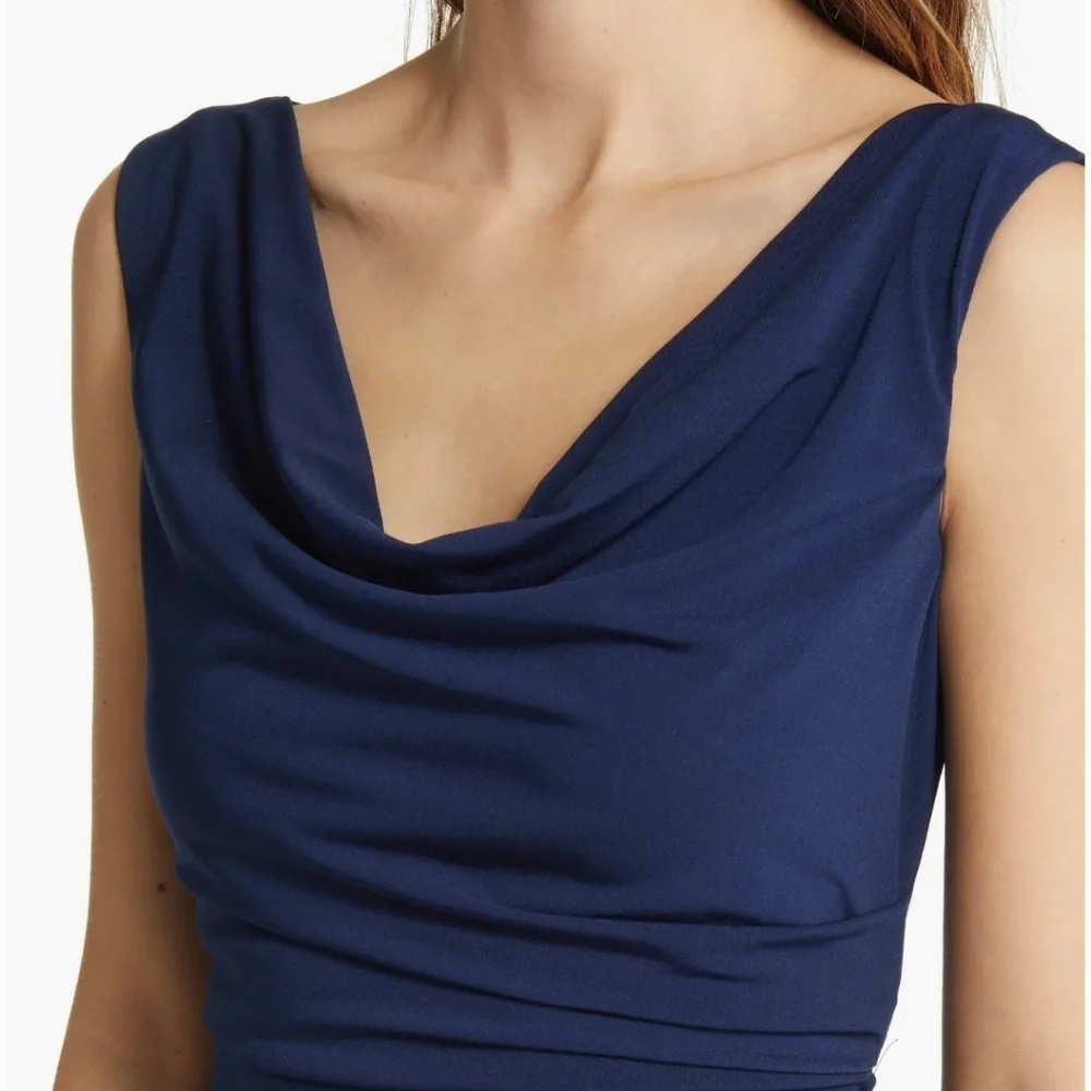 Sam Edelman Cowl Neck Ruched Jersey Midi Dress | Size LARGE Navy Blue - Picture 14 of 15